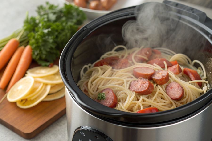 Szybki makaron z parówkami w multicookerze - przepis krok po kroku