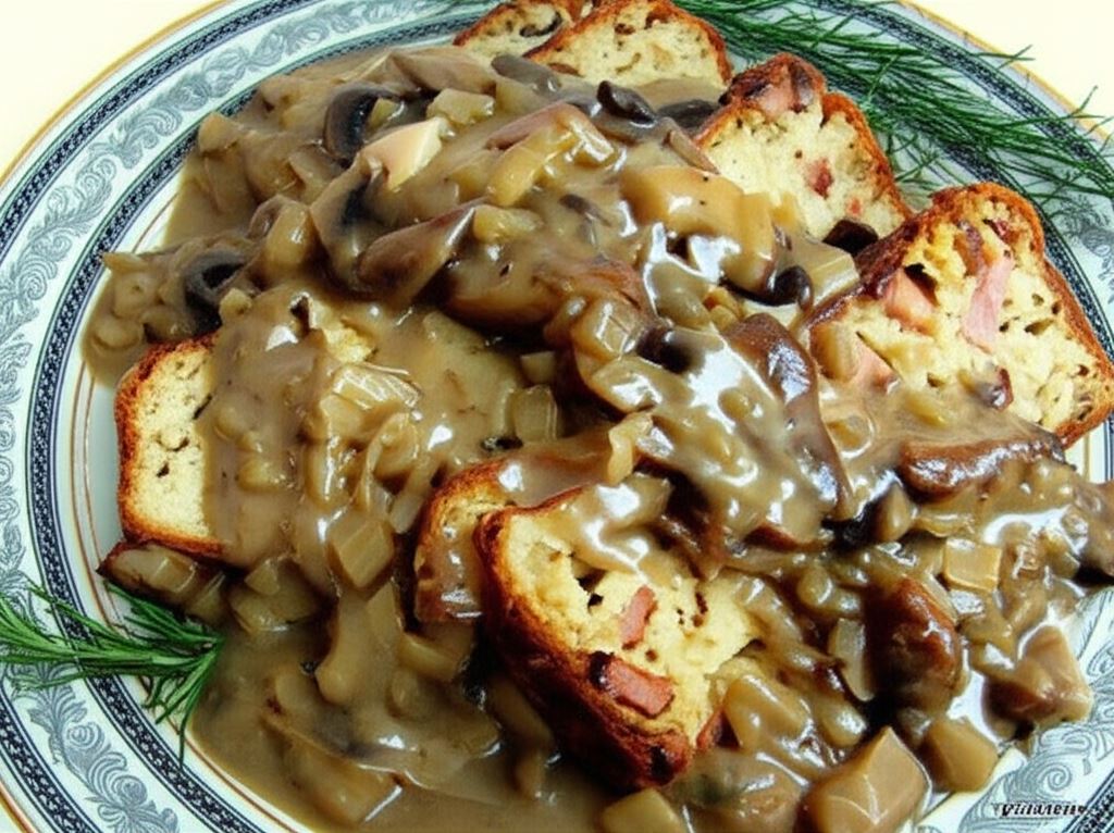 Babka ziemniaczana z kiełbasą i sosem z leśnych grzybów