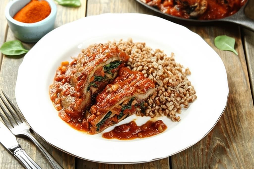 Bitki wołowe faszerowane szpinakiem w sosie pomidorowym z kaszą gryczaną