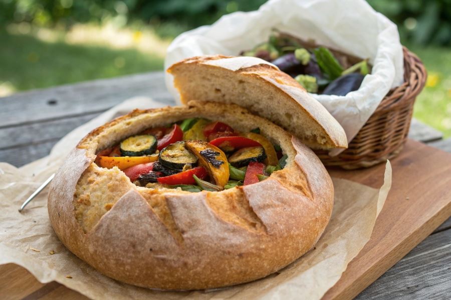 Chleb niespodzianka z grillowanymi warzywami po nicejsku
