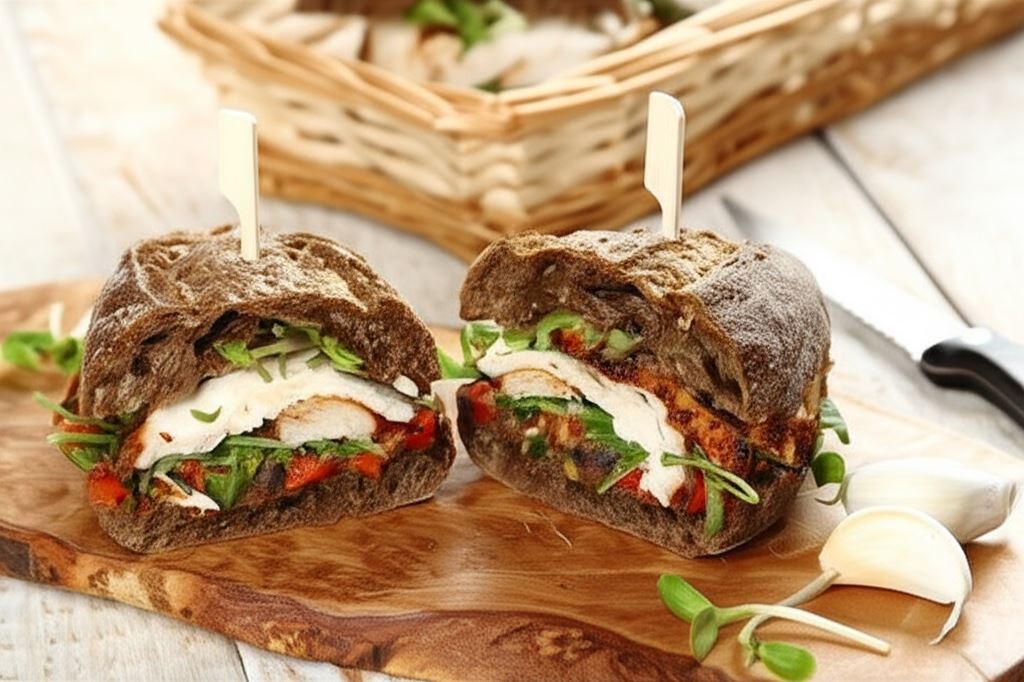 Chrupiąca orkiszowa kanapka z kurczakiem i pastą warzywną