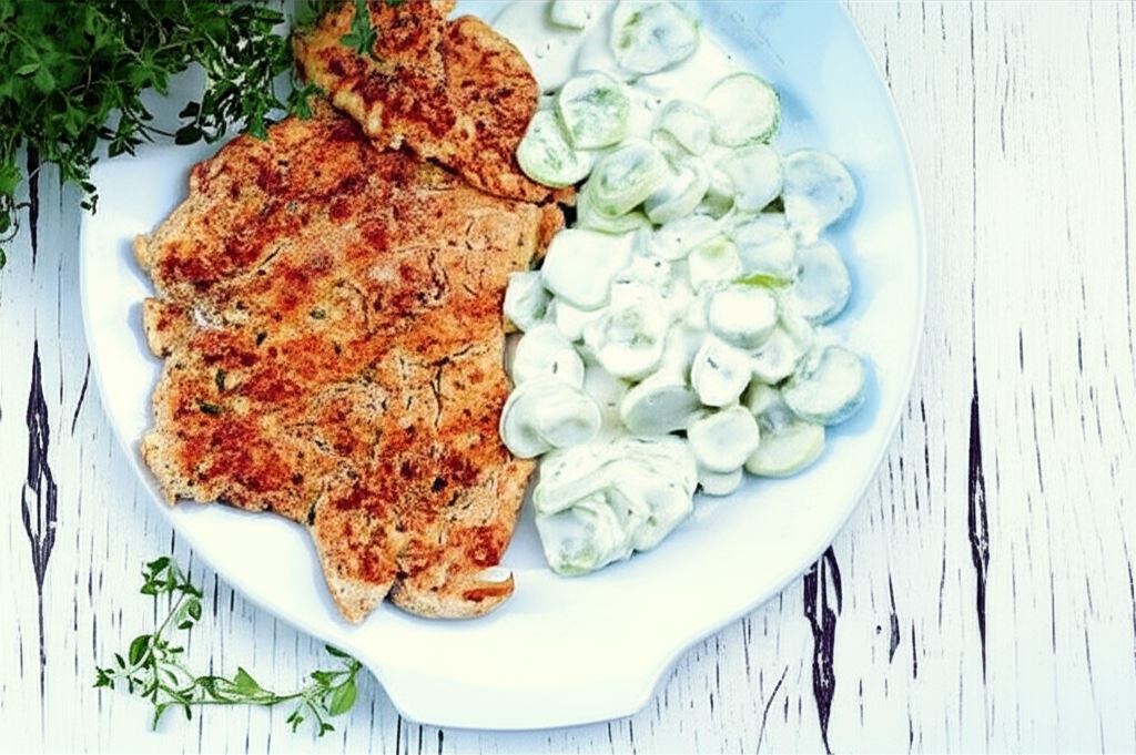 Filet z grilla z ogórkami w sosie koperkowym