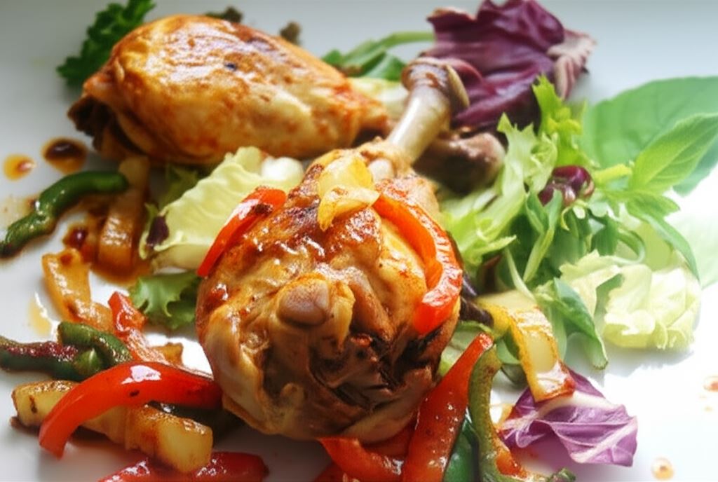 Gotowane pałki z kurczaka na sałacie z paprykowym sosem