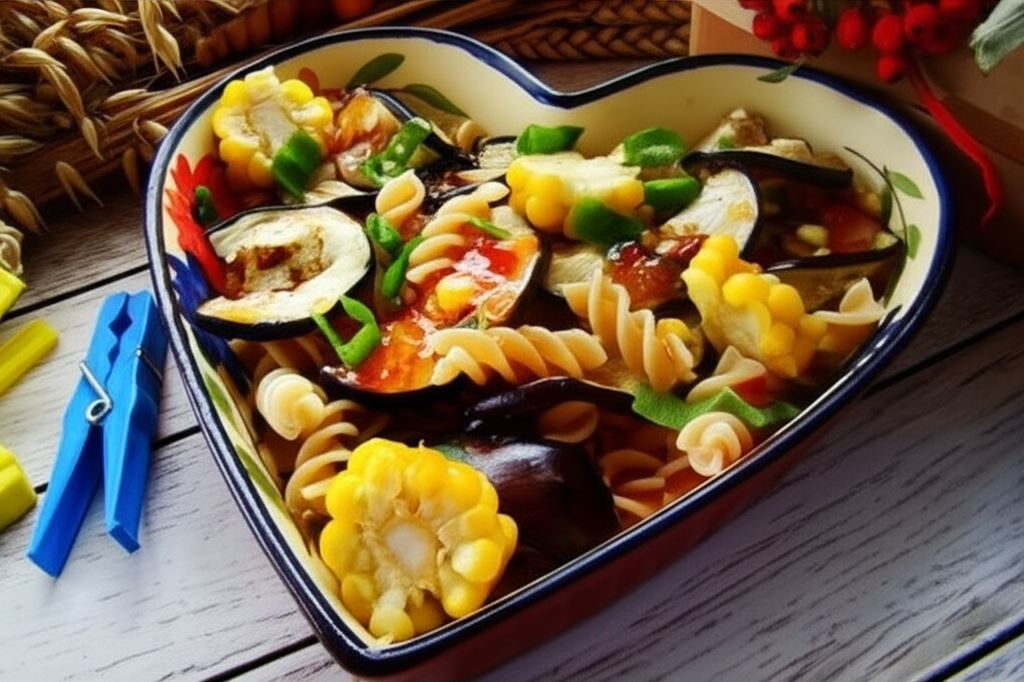 Grillowany bakłażan z kukurydzą i świderkami