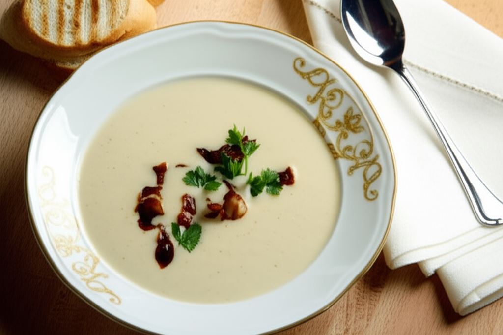 Grochówka na wędzonce z chipsami z boczku
