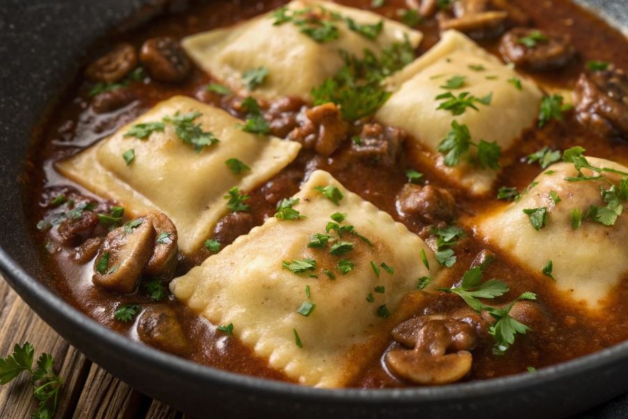 Grzybowe pierożki w mięsnym sosie