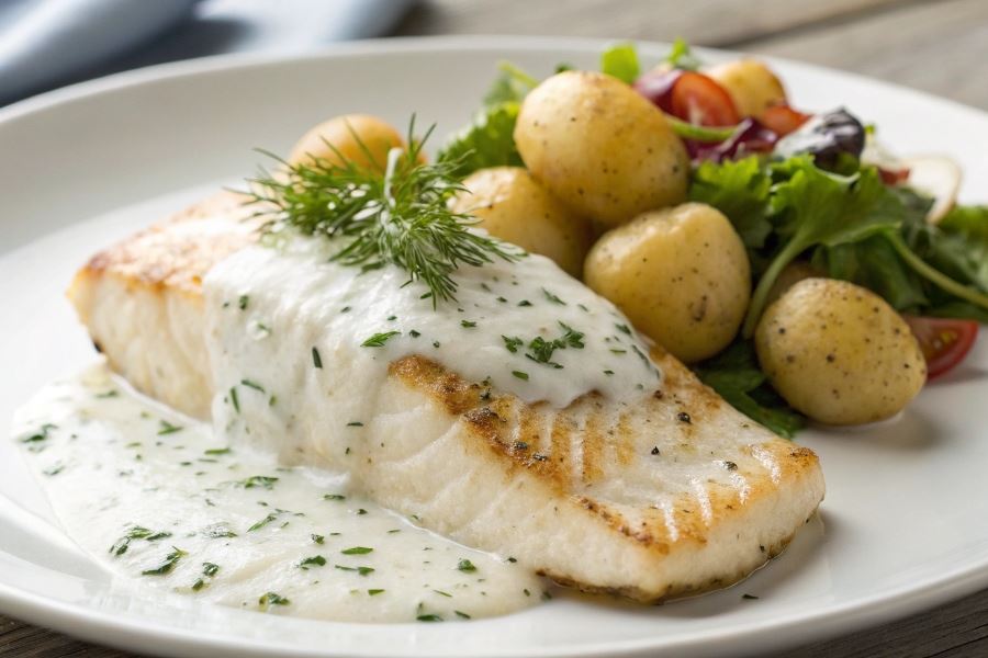 Halibut z sosem śmietankowo-koperkowym