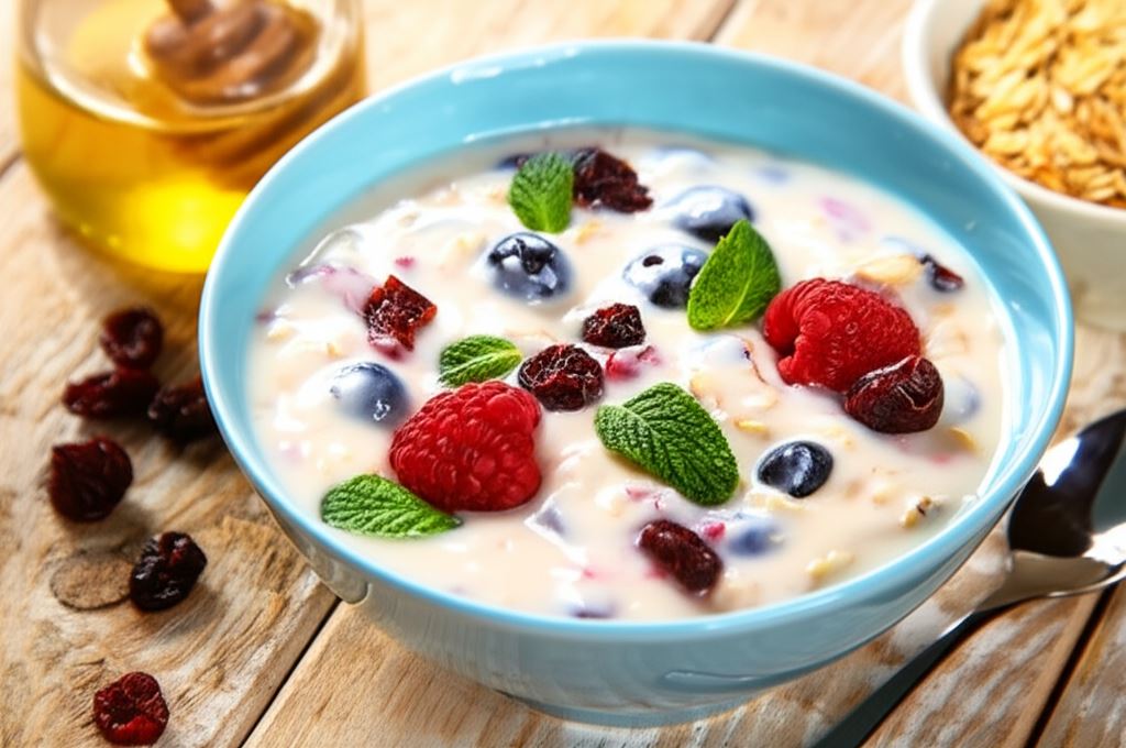 Kefir z owocami i płatkami owsianymi