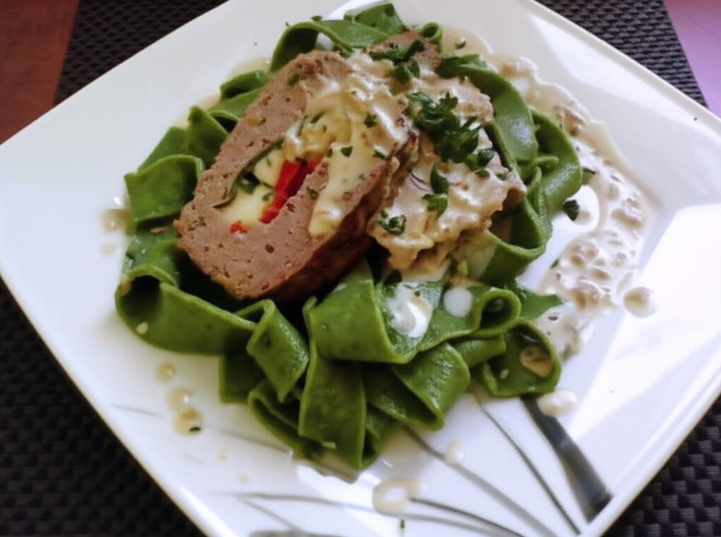 Klops na domowym szpinakowym tagiatelle z delikatnym sosem