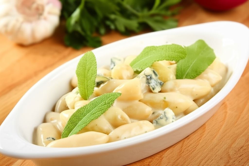 Kopytka z sosem pieczarkowym z niebieskim serem