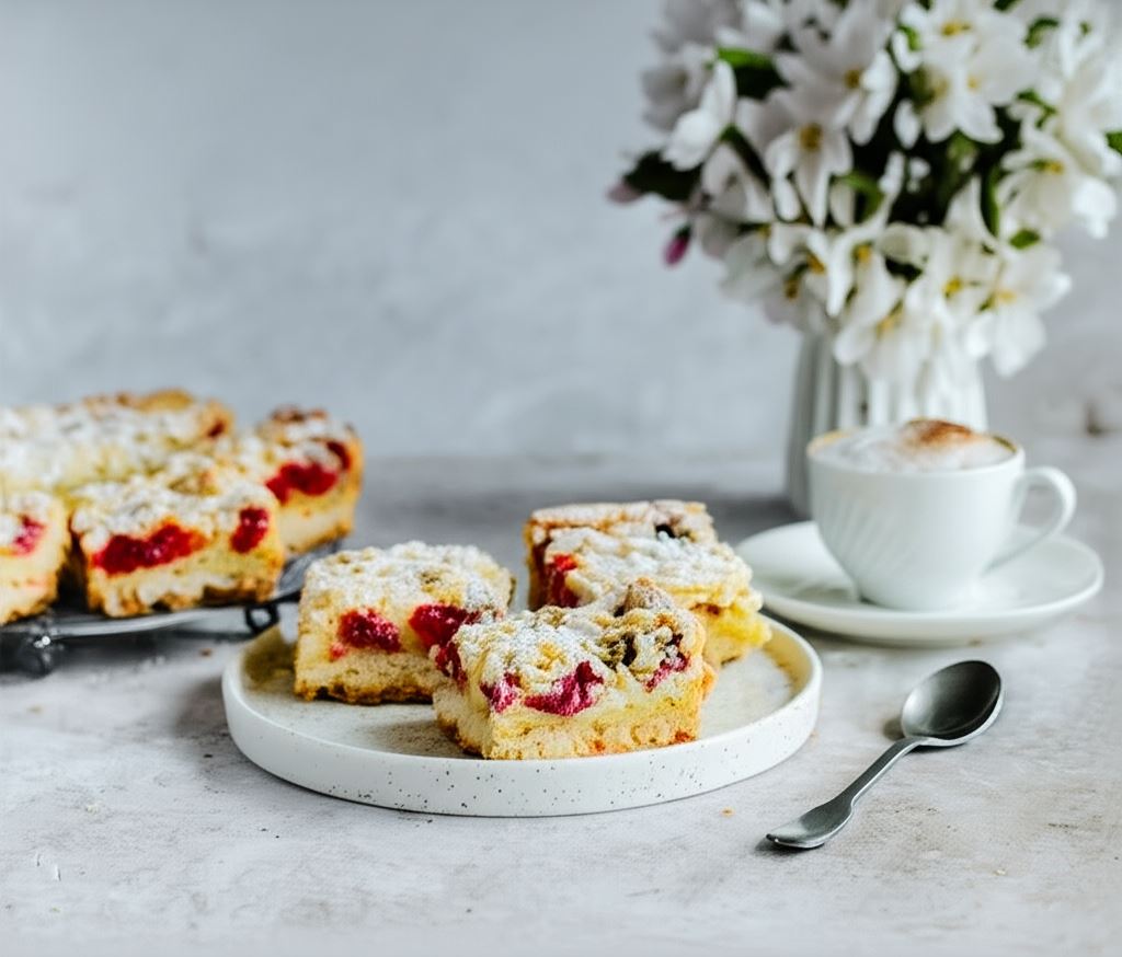 Kruche ciasto z malinami i lekką budyniową pianką