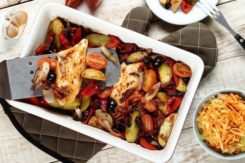 Kurczak pieczony z warzywami i surówka z pora