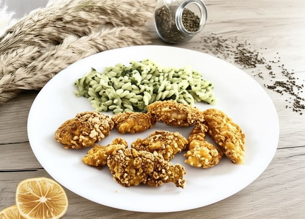 Kurczak w panierce z makaronem ze szpinakiem