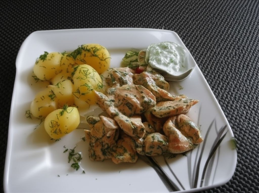 Kurczak w sosie śmietanowym z dodatkiem cebuli i koperku