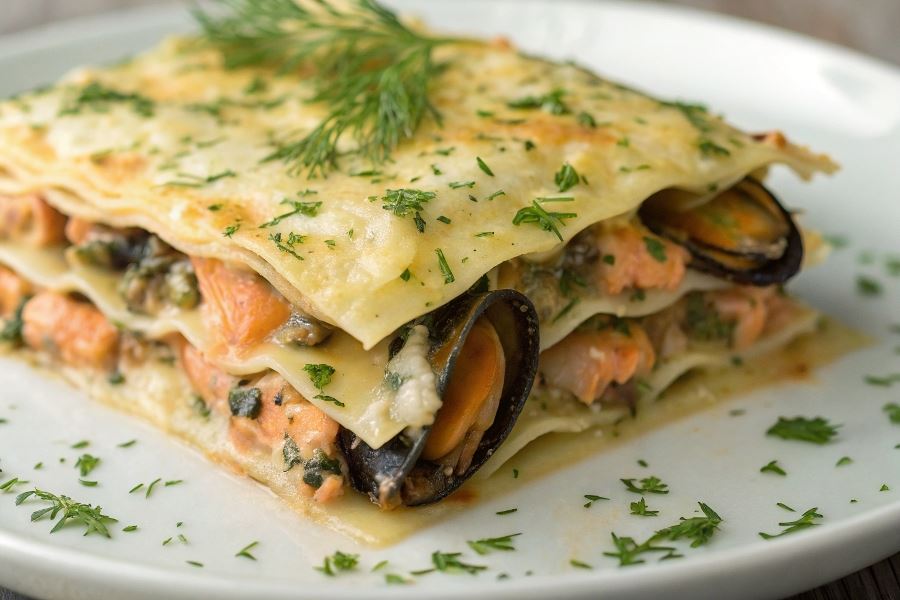 Lasagne z łososiem i małżami