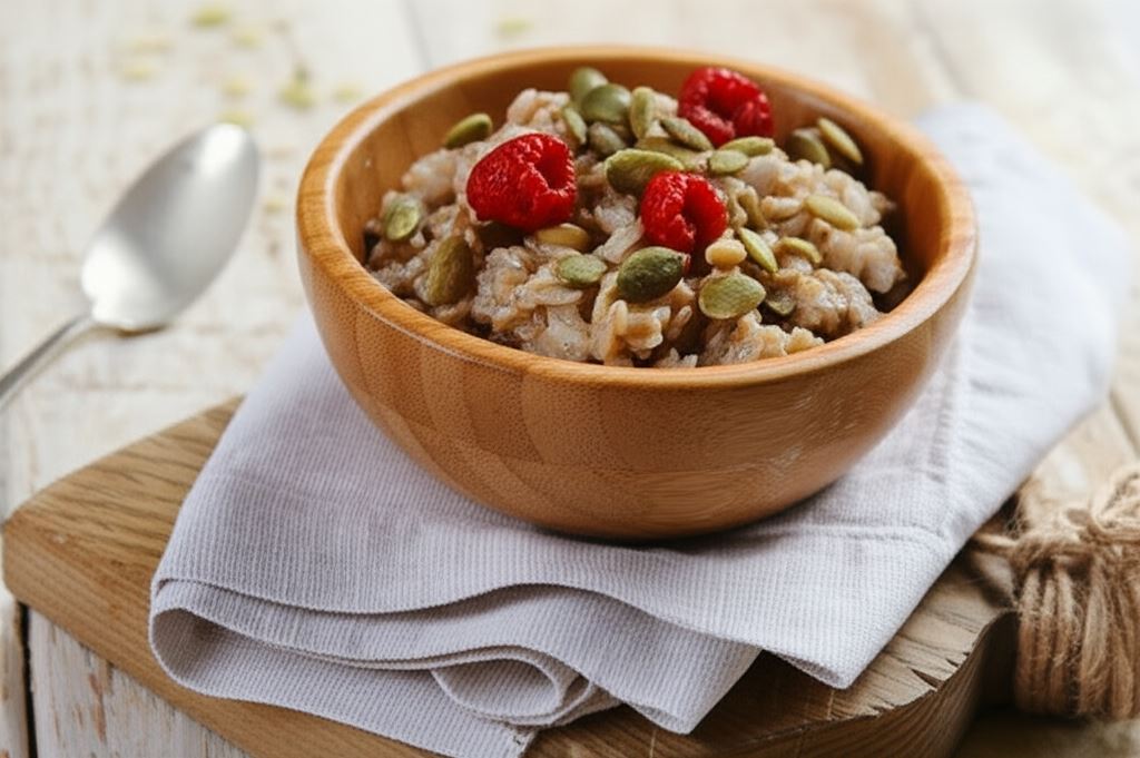 Letnia owsianka z malinami i prażonymi pestkami dyni