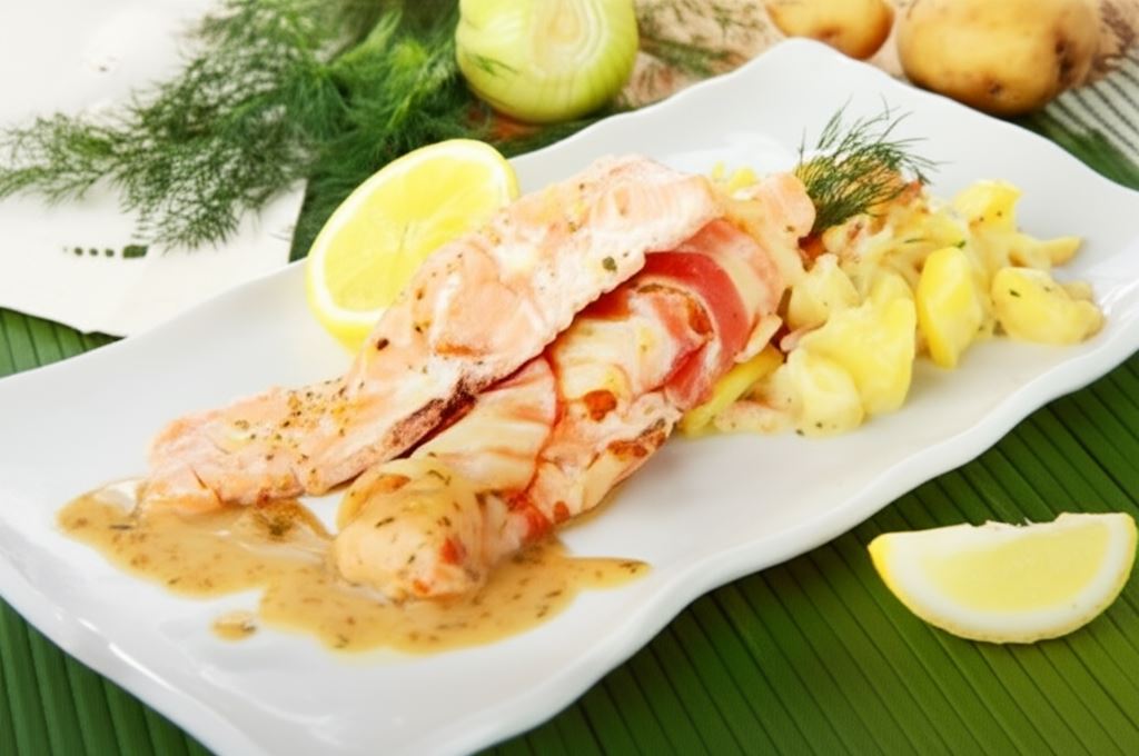 Łosoś pieczony w boczku z sosem musztardowo-miodowym