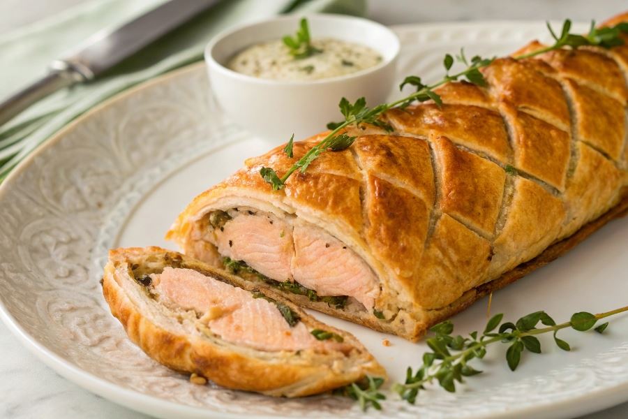 Łosoś w skorupce z ciasta francuskiego