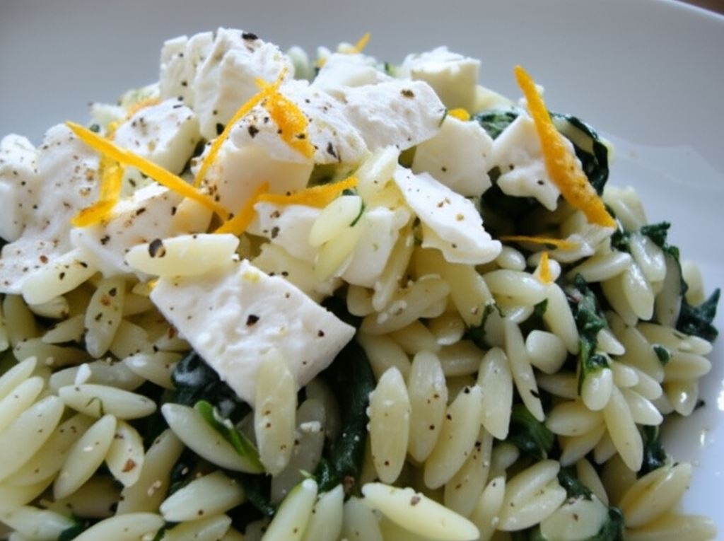 Makaron orzo z liśćmi szpinaku i serem feta