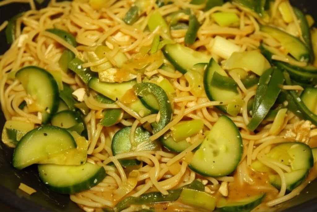 Makaron smażony z zielonymi warzywami