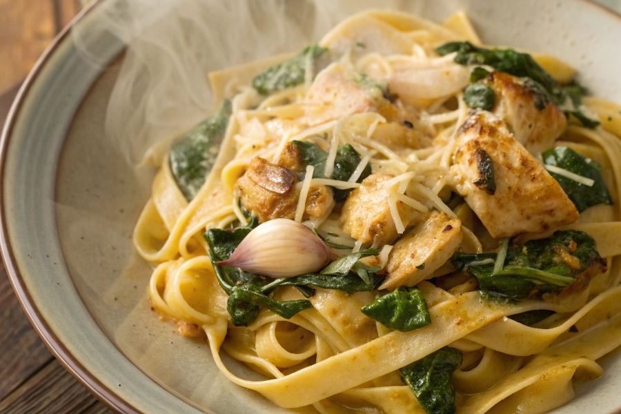 Makaron tagliatelle z kurczakiem i szpinakiem