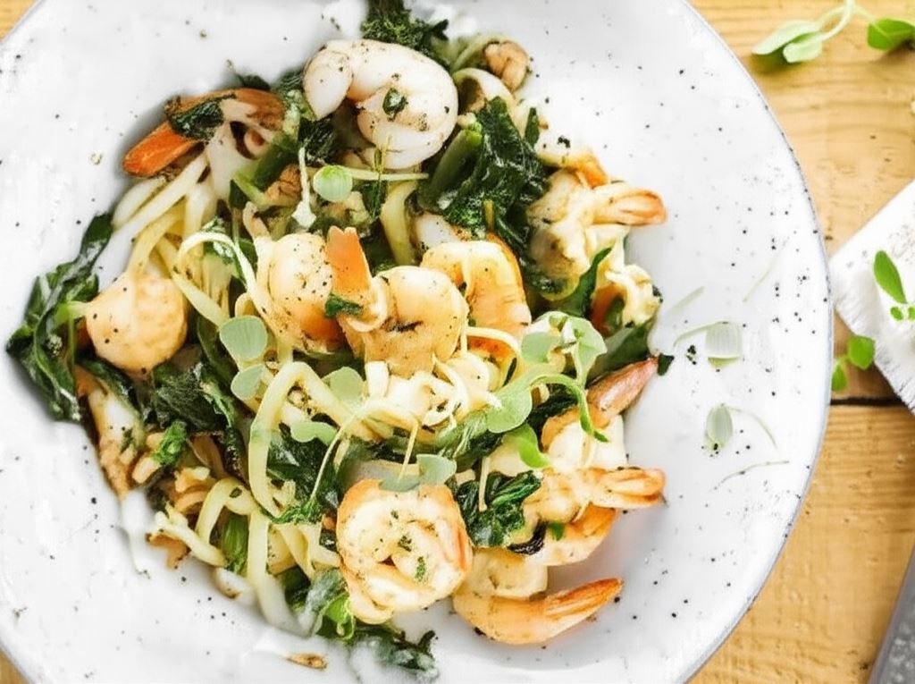 Makaron z krewetkami i jarmużem