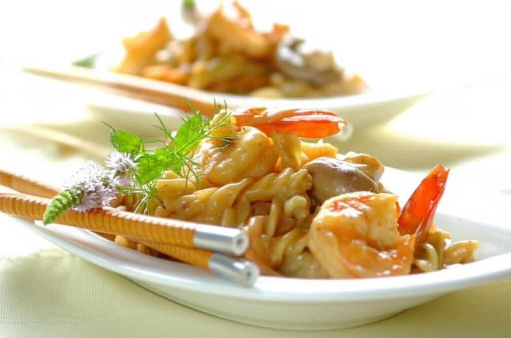 Makaron z krewetkami i pieczarkami