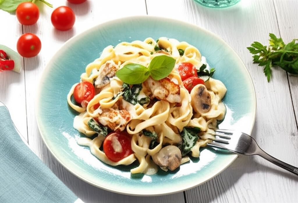Makaron z kurczakiem i pomidorkami w sosie śmietanowym