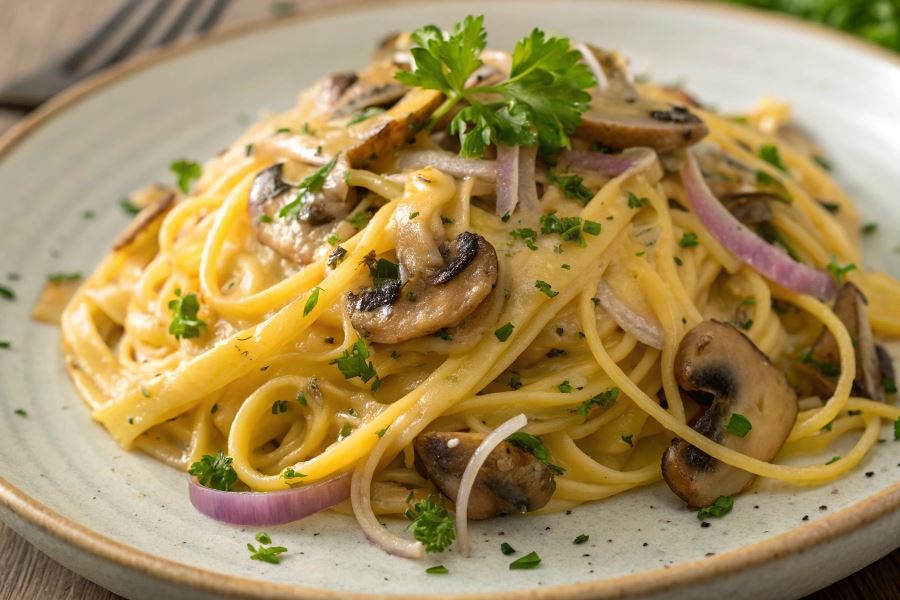 Makaron z sosem pieczarkowym