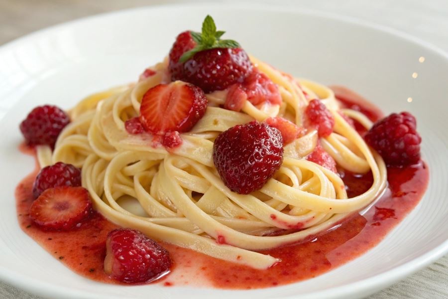 Makaron z truskawkowym dżemem