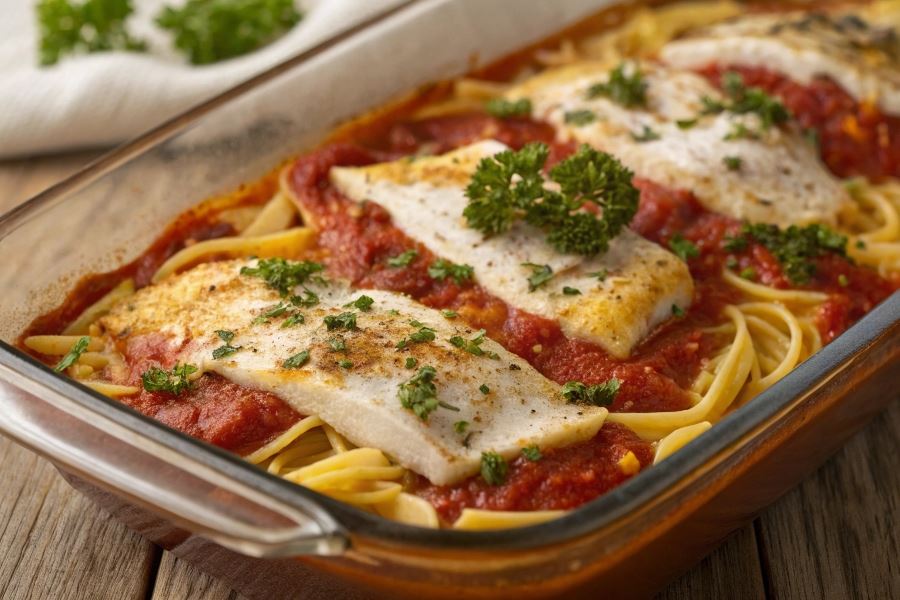 Makaron zapiekany z rybą w sosie pomidorowym