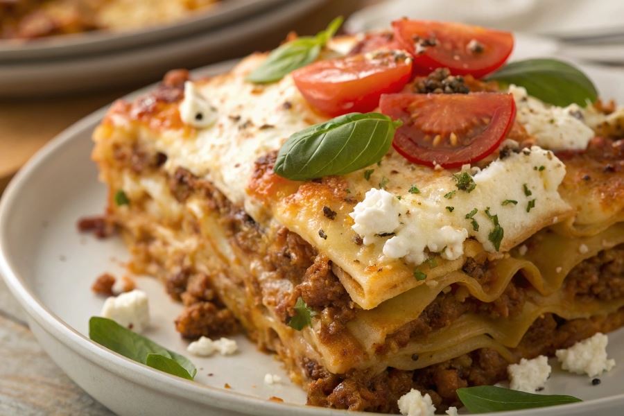 Makaron zapiekany z serem feta i mięsem mielonym