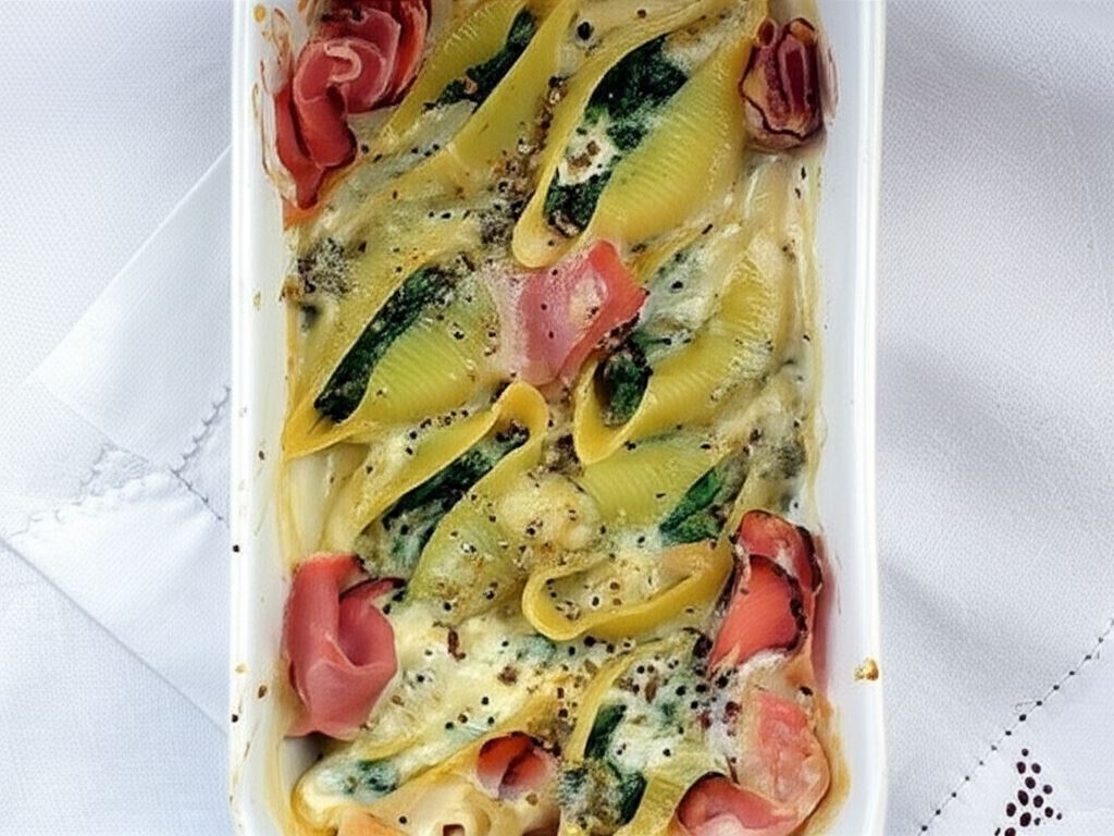 Muszle zapiekane ze szpinakiem i prosciutto