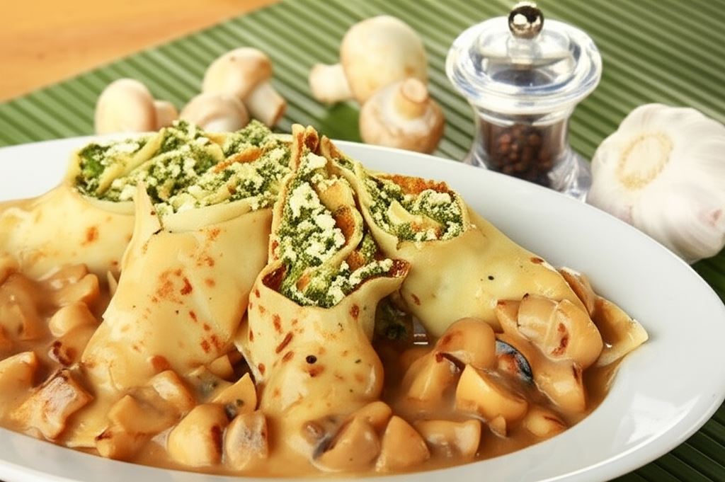 Naleśniki ze szpinakiem i sosem grzybowym