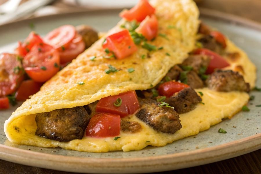 Omlet z kiełbasą i pomidorami