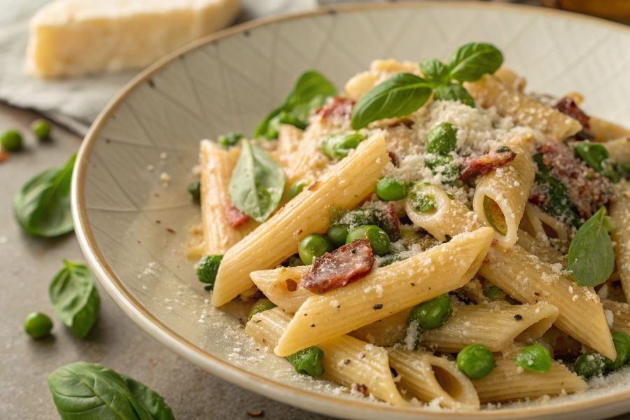 Penne z groszkiem w sosie pomidorowym