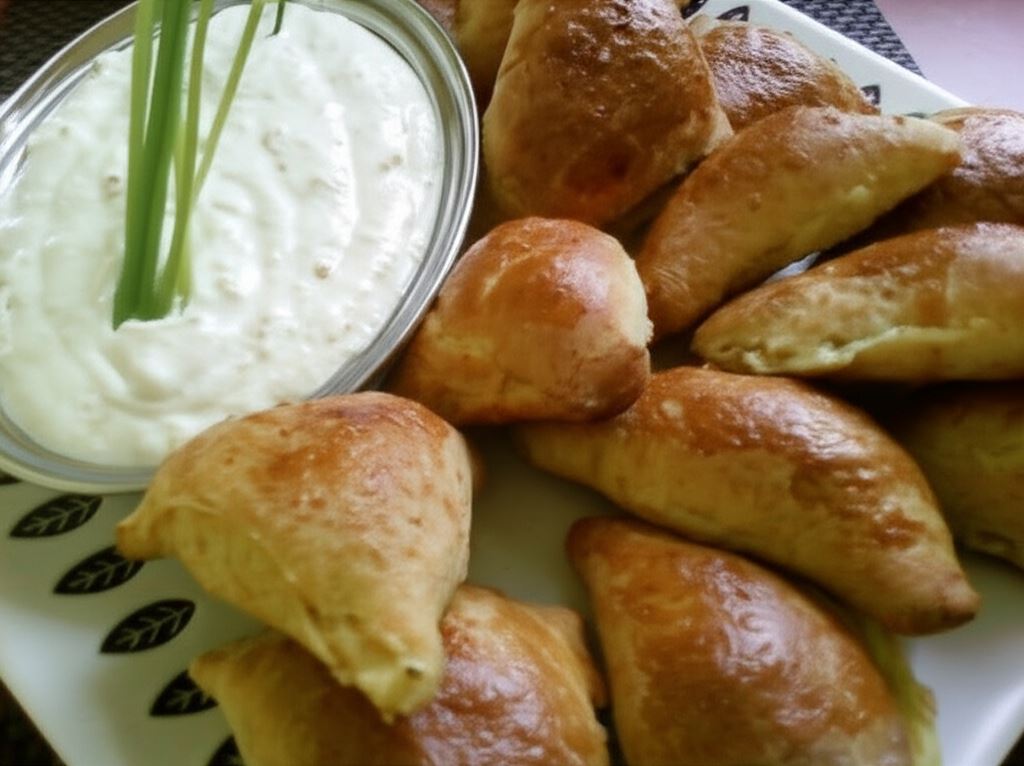 Pierogi ruskie w cieście krucho drożdżowym z dipem ze smażoną cebulką