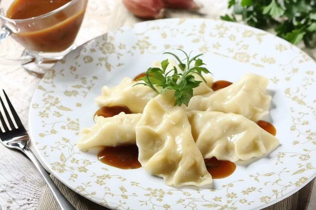 Pierogi ruskie z sosem cebulowym i ziołami