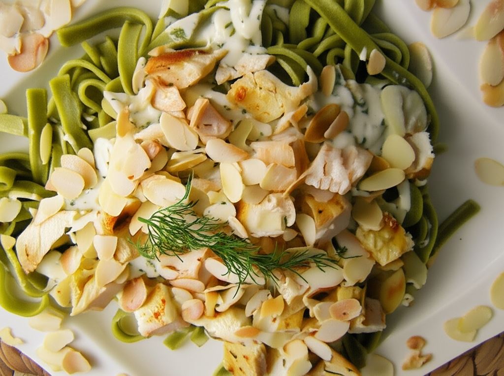 Pierś z kurczaka w sosie cytrynowo-koperkowym z makaronem i płatkami migdałowymi