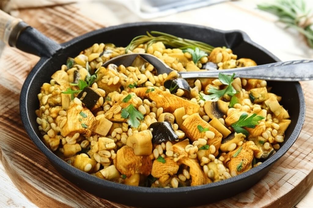 Pierś z kurczaka z kaszą pęczak i pieczarkami