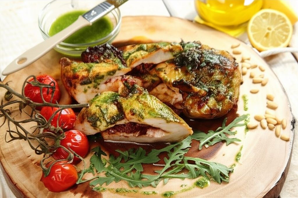 Piersi z kurczaka faszerowane suszonymi pomidorami pod pesto z rukoli