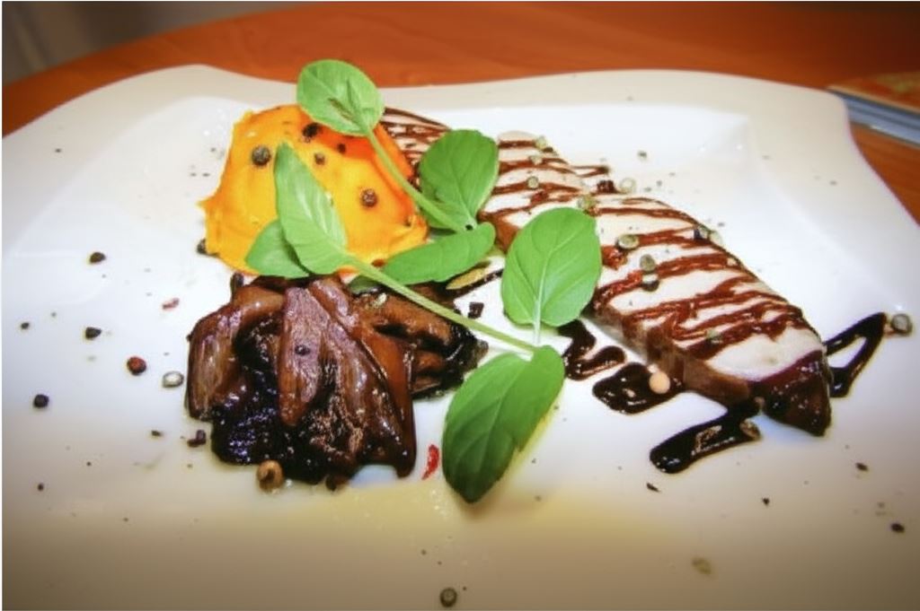 Polędwica wieprzowa duszona w czerwonym winie z puree dyniowym oraz pikantnym sosem czekoladowym