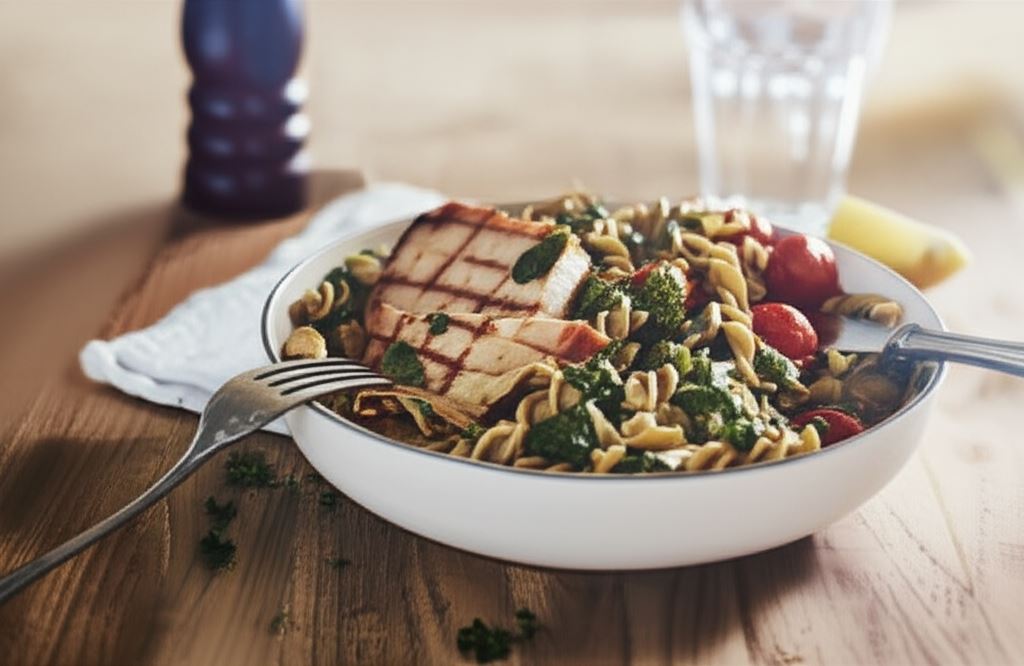 Polędwiczki wieprzowe w sosie z makaronem i szpinakiem