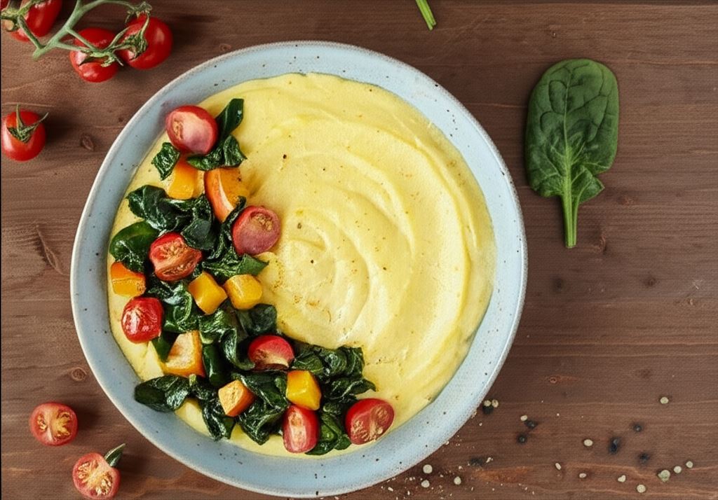 Polenta z pomidorami i listkami szpinaku