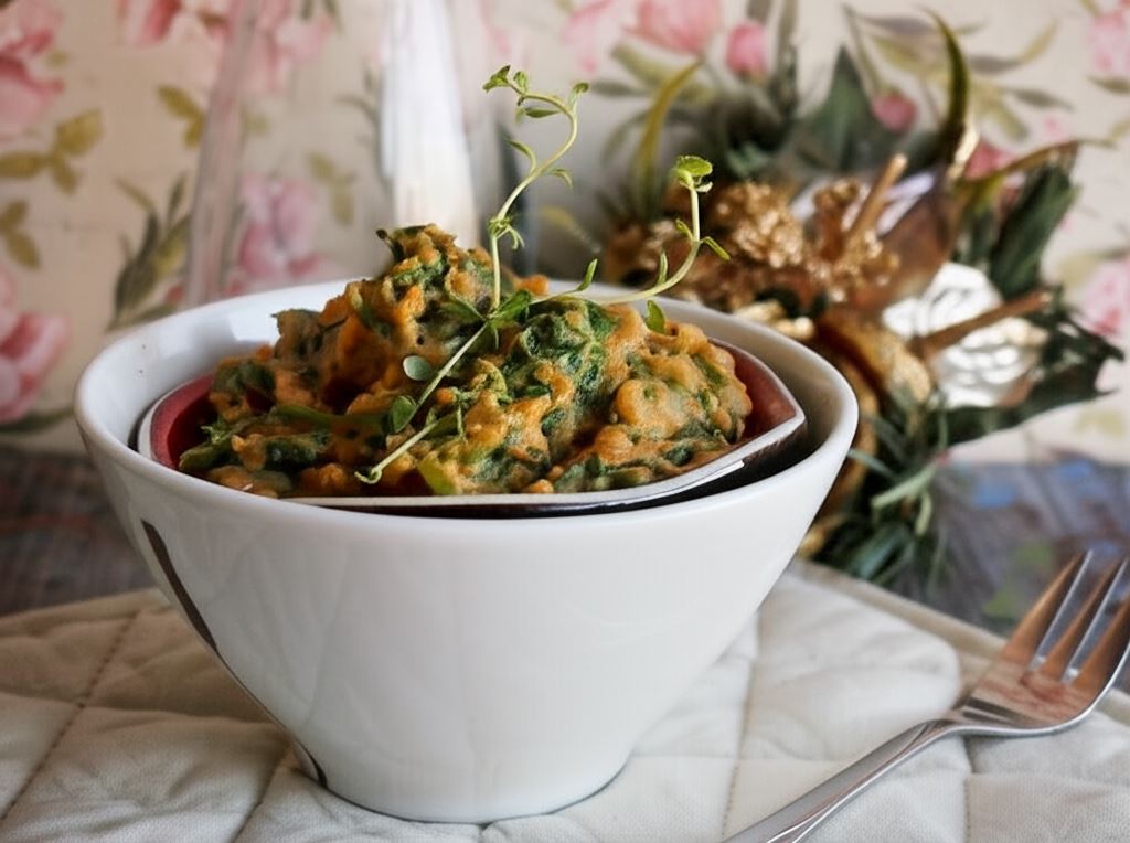 Puree ze słodkich ziemniaków z kozim serem i szpinakiem