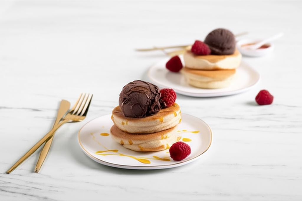 Puszyste naleśniki z lodami czekoladowymi i malinami