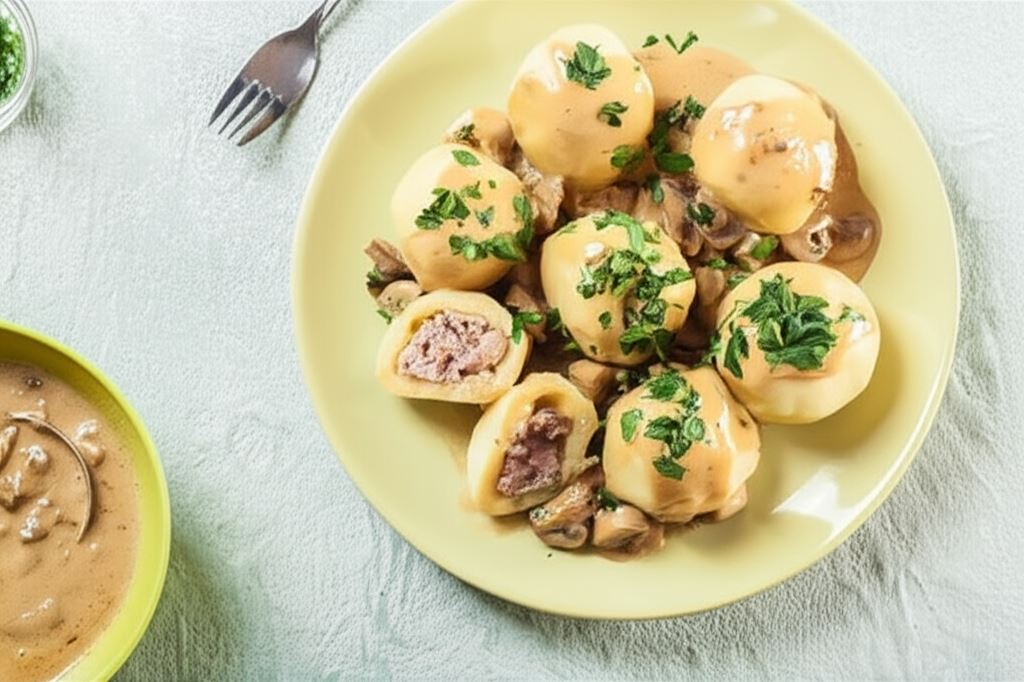 Pyzy z mięsem w sosie pieczarkowym