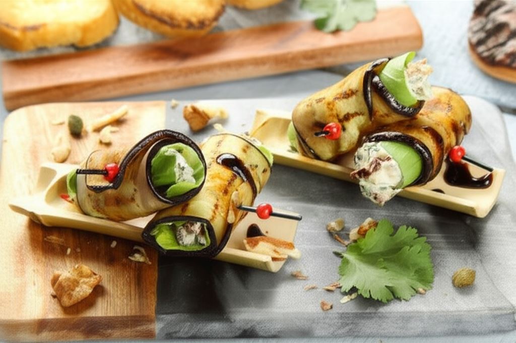 Roladki z bakłażana faszerowane pastą z pieczonego czosnku