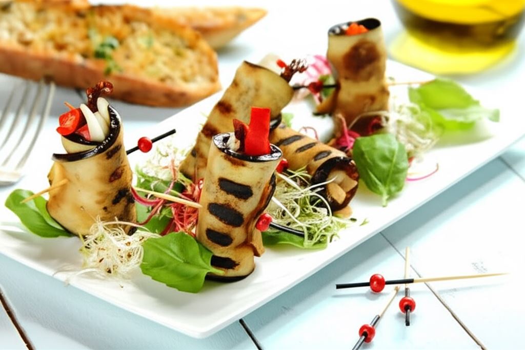 Roladki z bakłażana z czerwoną papryką i kozim serem