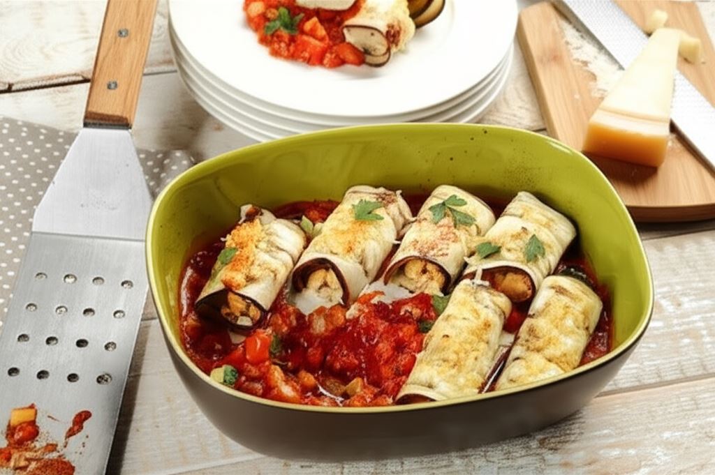 Roladki z bakłażana z łososiem zapiekane na warzywnym ragout